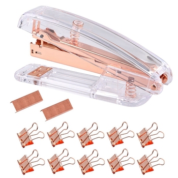 Rose Gold Stapler Acrylic Desktop Stapler with 1000 PCS Rose Gold Staples and 10 Pieces Blinder Clips for Office School Home Acc